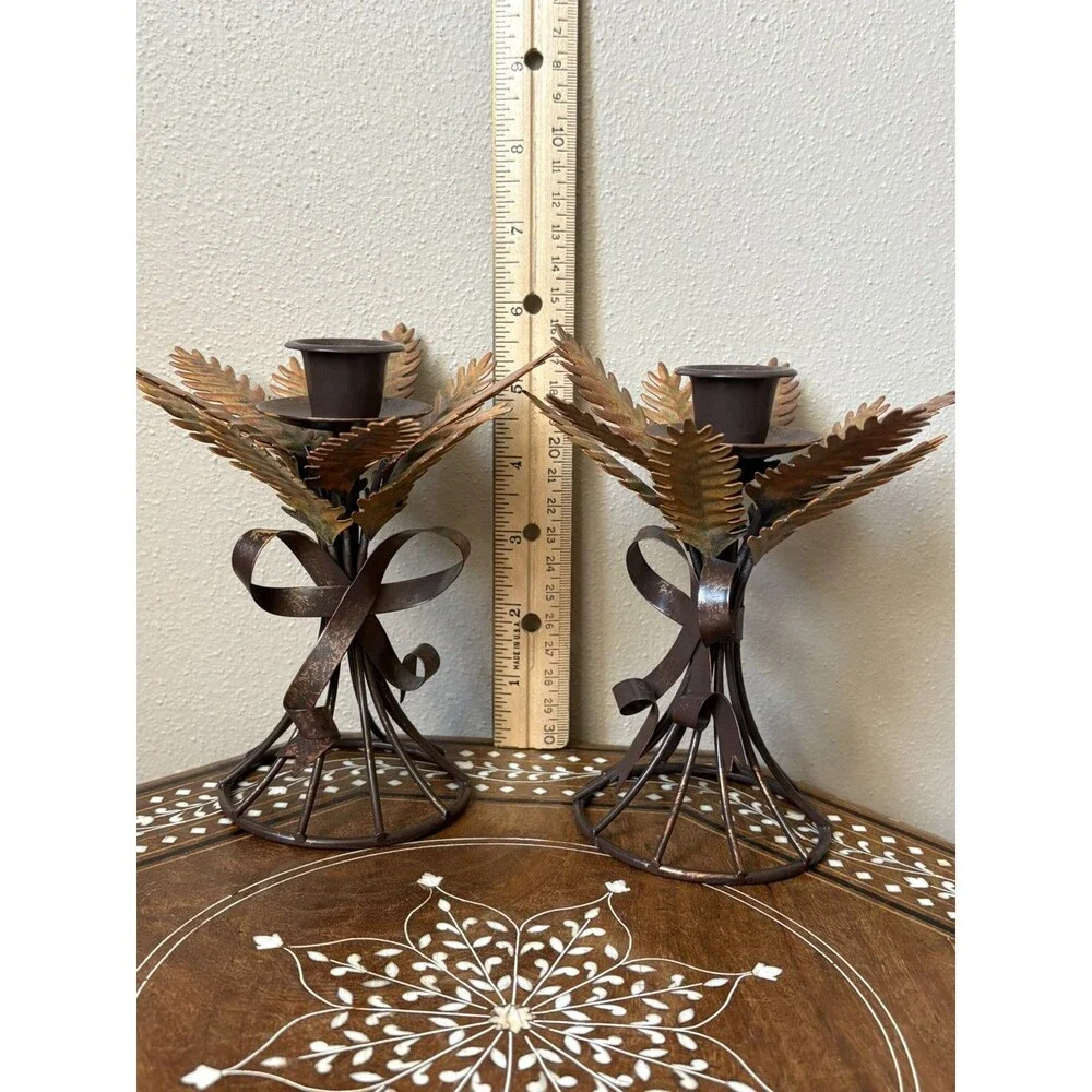 Pair Of Rustic Metal Coppertone Harvest Wheat Taper Candle Holders Fall Decor